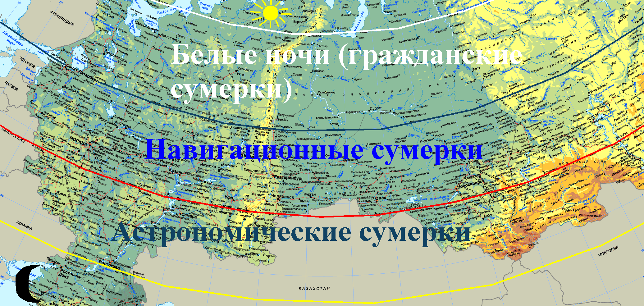 Полярный круг на территории россии. Карта белых ночей в России. Белые ночи на карте. Сумерки гражданские навигационные астрономические. Полярный круг на карте.